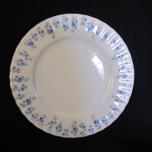 Peut inclure: Assiette en céramique blanche avec un bord festonné et un motif floral de petites fleurs bleues. L'assiette a un design simple et élégant, adapté pour servir des aliments, environ 20 cm de diamètre.