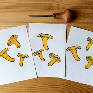 Chanterelle mushroom linocut print - Handmade lino print of chanterelle fungi