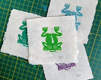 Frog linocut print - Handmade lino print of pre-Hispanic archaeology frog seal from Mexico in amate paper