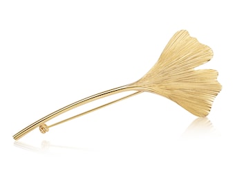 Narrow golden brooch as a beautiful ginkgo leaf with stem, handmade in Germany from 925 silver with everlasting gold plating