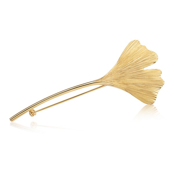 Narrow golden brooch as a beautiful ginkgo leaf with stem, handmade in Germany from 925 silver with everlasting gold plating