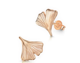 Mini stud earrings ginkgo leaf in 925 silver, handmade in Germany with rose gold plating