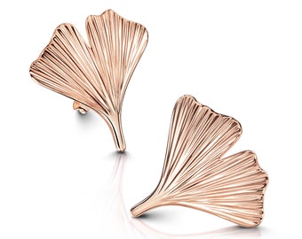 2 cm large flat ginkgo leaf stud earrings 925 silver, plated with shiny rose gold, handmade in Pforzheim