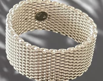 Wide silver mesh ring &quot;Milanaise&quot; handmade in 925 silver, 10 mm wide