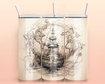 Diseño de sublimación para vaso con mapa vintage de un barco (descarga digital)