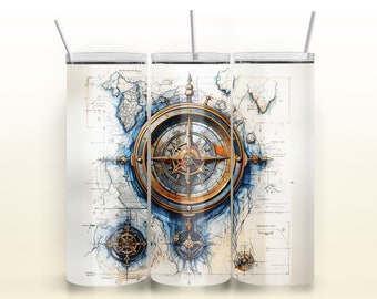 Diseño de sublimación para vaso de 20 oz con mapa de brújula antiguo (descarga digital)