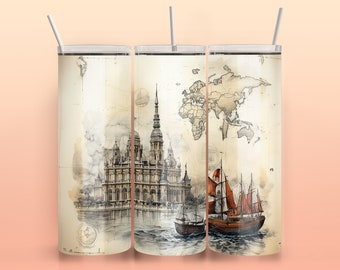 Vaso térmico de 20 oz con diseño de barco y mapa antiguo (descarga digital)