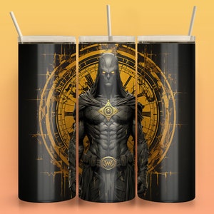 May include: A black and gold stainless steel tumbler with a graphic of a hooded figure with a clock face behind them.