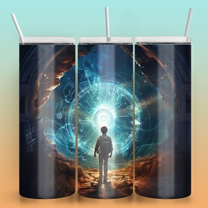 May include: A stainless steel tumbler with a colorful image of a young person standing in front of a glowing portal. The portal is surrounded by a swirling blue and white design.
