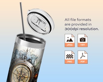 Diseño de sublimación para vaso de 20 oz con mapa de brújula retro (descarga digital)