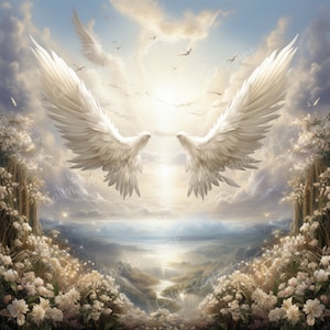 White Angels Wings White flowers Memorial Background Heaven Backdrop Memorial Template Printable digital download png