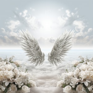 White Angels Wings White flowers Memorial Background Heaven Backdrop Memorial Template Printable digital download png