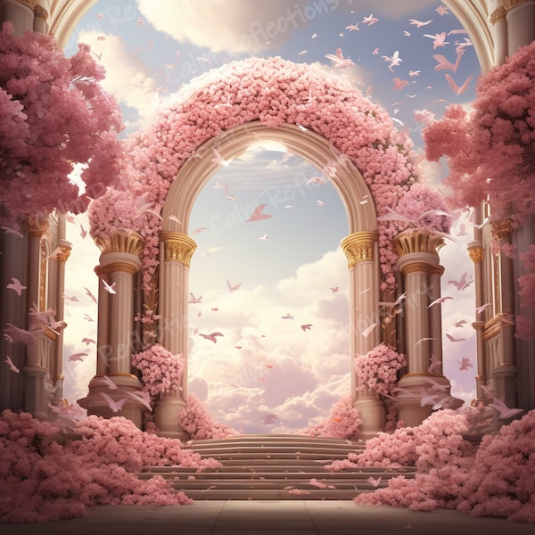 Pink Floral Arch Clouds Pink Flowers Memorial Background Heaven Backdrop Memorial Template Printable digital download png