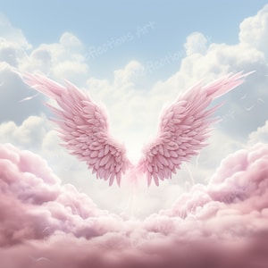 Pink Angels Wings Pink clouds Memorial Background Heaven Backdrop Memorial Template Printable digital download png