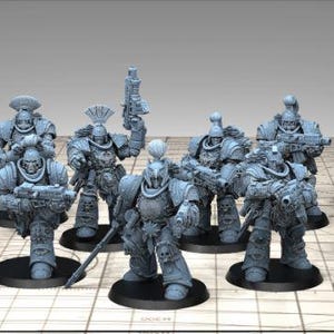 May include: A group of grey miniature figurines of armoured soldiers, each on a black base. The figures are armed with various weapons and are arranged together. The image includes the text "GOOD GAME WARGAME" and a Patreon logo.