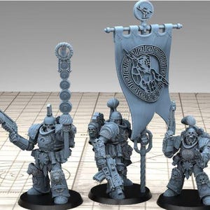 May include: Three grey miniature figurines of armored warriors on black bases. One holds a gun, another a banner with a circular emblem, and the third a staff with circular designs. Ideal for tabletop gaming.