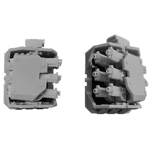 May include: Two grey plastic miniature weapon components. One has multiple barrels, the other a compact design with protruding elements. Both are set against a white background. Ideal for model enthusiasts.