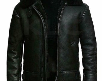 Mens Black Sheepskin Aviator Leather Retro Bomber Jacket | Winter Fur Shearling Coat | Gift for Husband Men Father Brother Christmas