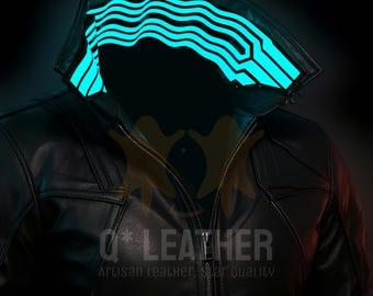 May include: Black leather jacket with a unique collar design. The collar features a series of glowing, turquoise-colored lines. The jacket has a zipper closure and a tailored fit. The text "Q* LEATHER" is visible at the bottom of the jacket.