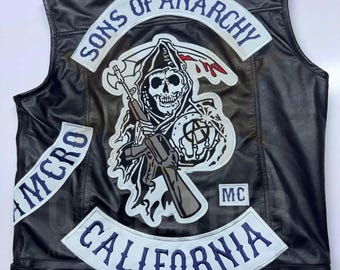 Men Jax Teller Vest SOA Vest Sons of Anarchy Vest in Black Blue Patches Leather Vest for Men Clothing Vertical Collar MC club Leather Vest