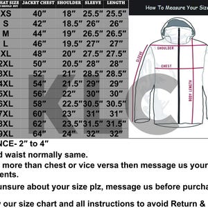May include: A size chart for a jacket featuring a table with columns for actual chest size, jacket size, jacket chest, shoulder, sleeve, and length in inches. Includes a line drawing of a jacket with red measurement lines and text instructions.