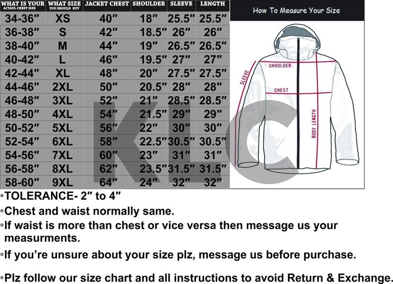 May include: A size chart for a jacket featuring a table with columns for actual chest size, jacket size, jacket chest, shoulder, sleeve, and length in inches. Includes a line drawing of a jacket with red measurement lines and text instructions.