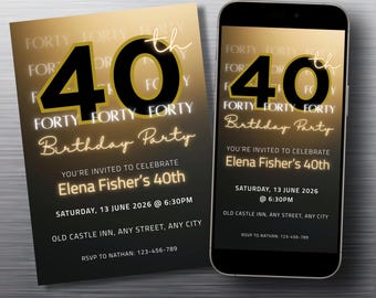 Bearbeitbare Einladung zum 40 Geburtstag: Elegantes Gold & Schwarz (Digital/Printable)