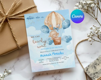 Editable Teddy Bear Baby Shower Invitation Template, We Can Bearly Wait Baby Shower Invite, Bear With Balloons, Printable, Instant Download
