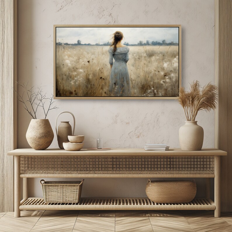 Printable Wildflowers Field, Oil Painting, Walking Girl, Vintage Landscape Art Print, Rural Field Wall Art, Digital Download image 5