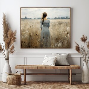 Printable Wildflowers Field, Oil Painting, Walking Girl, Vintage Landscape Art Print, Rural Field Wall Art, Digital Download image 8
