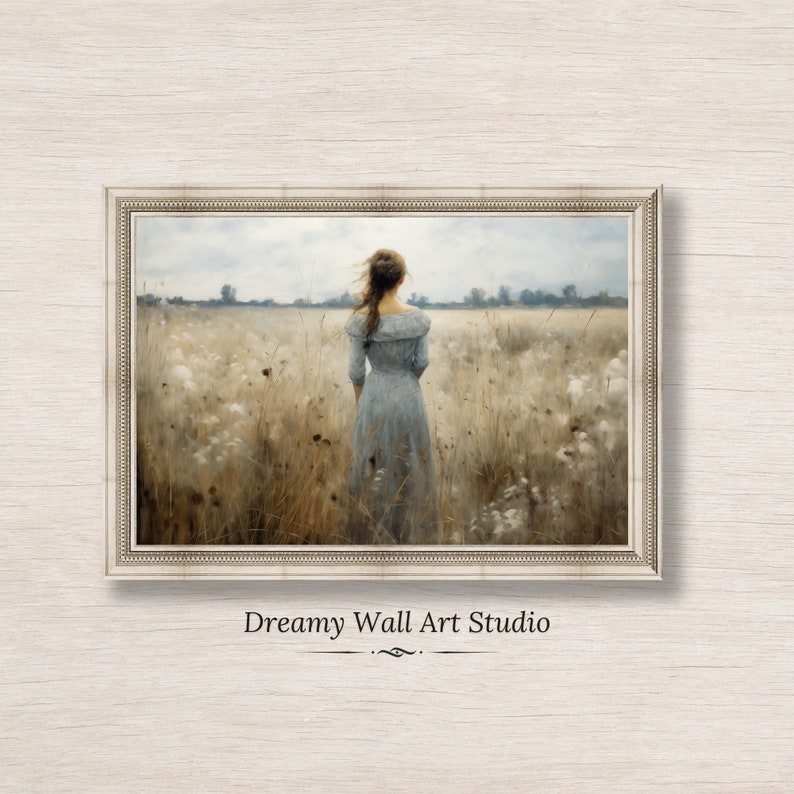 Printable Wildflowers Field, Oil Painting, Walking Girl, Vintage Landscape Art Print, Rural Field Wall Art, Digital Download image 1
