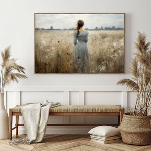 Printable Wildflowers Field, Oil Painting, Walking Girl, Vintage Landscape Art Print, Rural Field Wall Art, Digital Download image 4