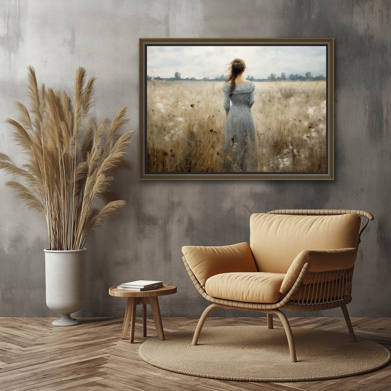 Printable Wildflowers Field, Oil Painting, Walking Girl, Vintage Landscape Art Print, Rural Field Wall Art, Digital Download image 6