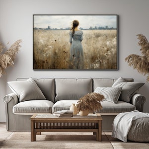 Printable Wildflowers Field, Oil Painting, Walking Girl, Vintage Landscape Art Print, Rural Field Wall Art, Digital Download image 7