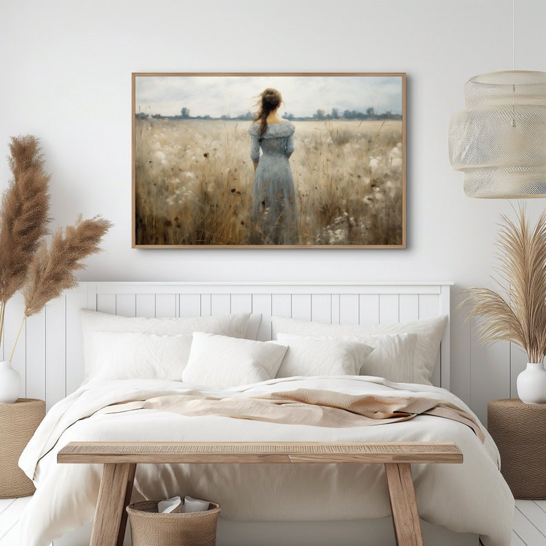 Printable Wildflowers Field, Oil Painting, Walking Girl, Vintage Landscape Art Print, Rural Field Wall Art, Digital Download image 2