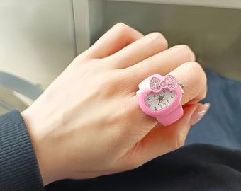 Adorable Moving Bow Watch Ring, Y2k mini watch ring, Personalized Unique Ring, working watch finger watch stretchable stainless steel band
