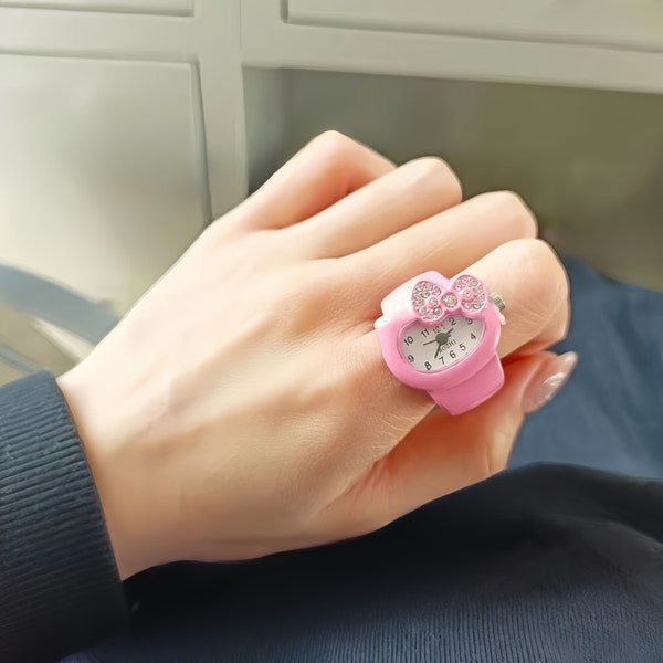 Adorable Moving Bow Watch Ring, Y2k mini watch ring, Personalized Unique Ring, working watch finger watch stretchable stainless steel band