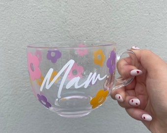 Personalised Flower Design Mug/ Personalised Glass Mug /Name Mugs /Mug Gift /Personalised Gift /Coffee Mug /Mothers Day Gift /Special Gift