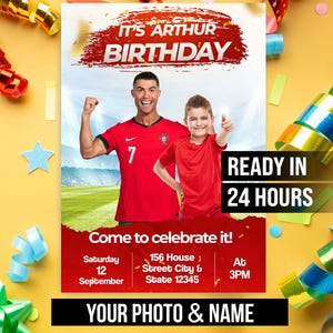 Carte d'anniversaire personnalisée Ronaldo, faire-part d'anniversaire de football, invitation imprimable personnalisée, Cristiano Ronaldo prêt à imprimer en 24 heures