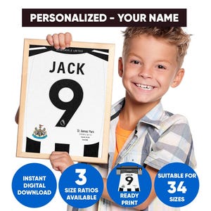 Personalized Newcastle United Jersey Poster - Custom Name & Number Digital Print, Football Gift for Fans, Kids Room Decor, Instant Download
