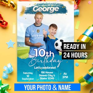 Faire-part d'anniversaire personnalisé football, fête sur le thème du football en téléchargement numérique, carte d'anniversaire Haaland, invitation imprimable personnalisée