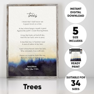 Trees Poem Wall Art | Joyce Kilmer Inspirational Poetry Print | Watercolor Digital Download | Nature-Inspired Artwork, Digital Print