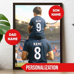 Pôster personalizado do Paris Saint-Germain para pai e filho | Arte de parede personalizada do PSG | Camisa de futebol combinando pai e filho com impressão digital para presente