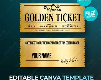 Willy Wonka's Golden Ticket Editable Template - DIY Chocolate Factory Invitation, Personalizable Party Pass, Canva Digital Download