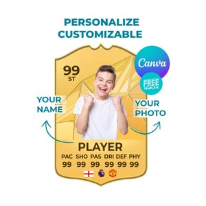 Plantilla de tarjeta de fútbol personalizable Canva 2025: diseño de tarjeta de jugador dorada personalizada, tarjetas de fútbol editables Canva para descargar