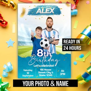 Faire-part d'anniversaire personnalisé football, fête sur le thème Messi en téléchargement numérique, invitation d'anniversaire enfant imprimable personnalisée, prêt en 24 heures
