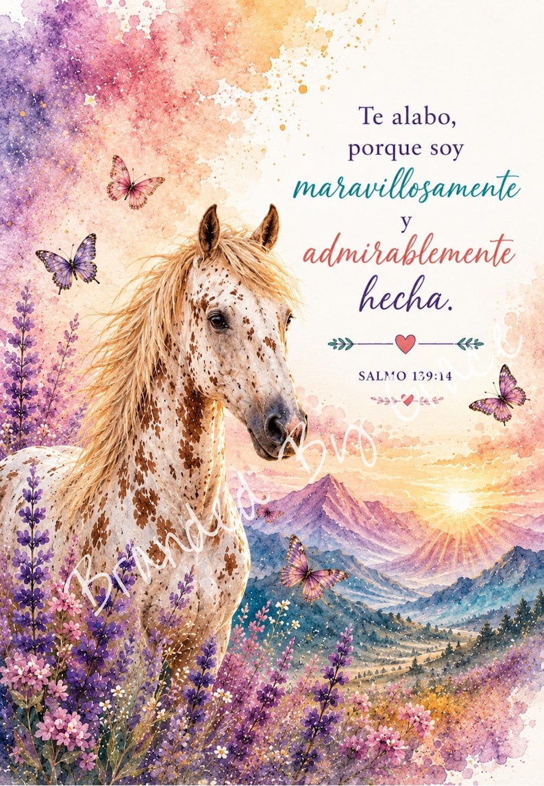 Op de afbeelding: Een aquarel-stijl print met een gevlekt paard in een veld met paarse lavendelbloemen. De sc&egrave;ne bevat verschillende vlinders, een bergketen bij zonsondergang en de Spaanse tekst Te alabo, porque soy maravillosamente y admirablemente hecha. SALMO 139:14.