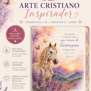 May include: A digital Christian art collection featuring 12 unique designs. The open book displays a speckled horse in a lavender field with mountains and a sunset. Text includes 'COLECCIÓN 12 ARTE CRISTIANO Inspirador' and 'Para ponerles en lugar de ceniza una corona de hermosura en lugar de luto. ISAÍAS 61:3'.