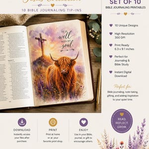 Christian Highland Cow Printable Bundle | Bible Tip-Ins | Faith Journaling Kit | Set of 10 Digital Downloads