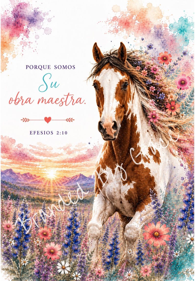Op de afbeelding: Een aquarel-stijl print met een bruin en wit gevlekt paard dat door een veld met paarse en roze bloemen rent. De tekst luidt "PORQUE SOMOS Su obra maestra. EFESIOS 2:10" met een klein rood hartje boven een berglandschap bij zonsondergang.